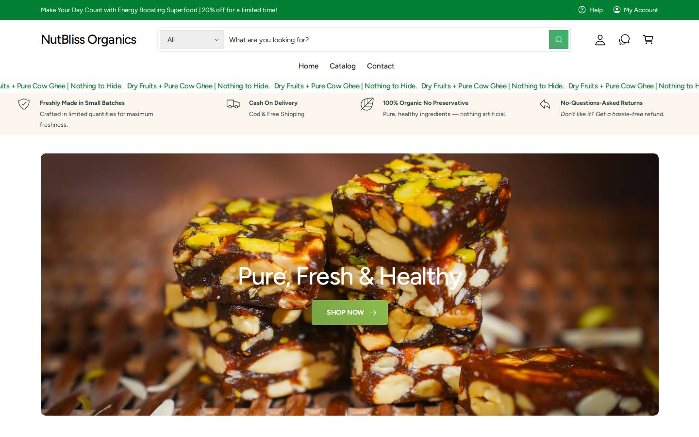 nutblissorganics.com homepage screenshot
