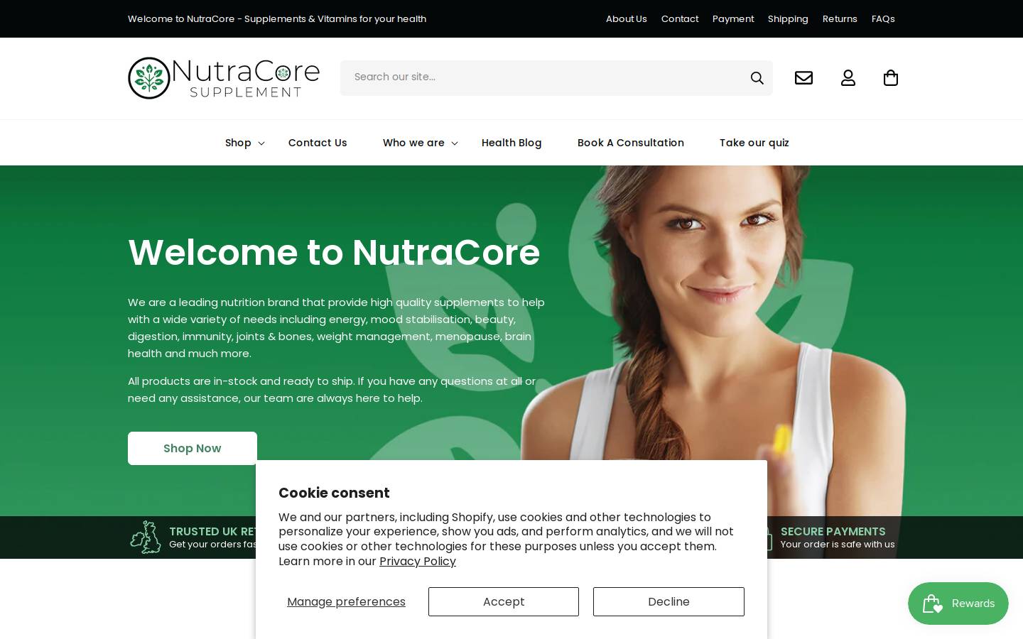 Nutracore homepage screenshot