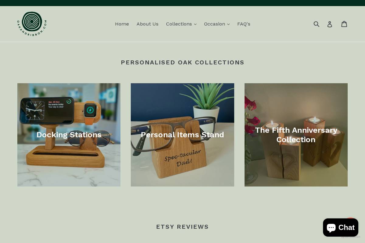 oakandribbon.com homepage screenshot