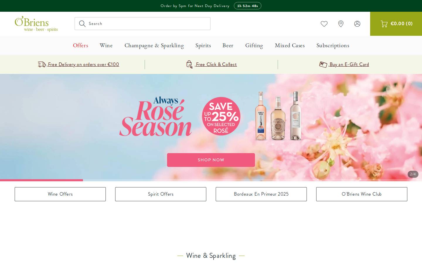 O'Briens Wine homepage screenshot