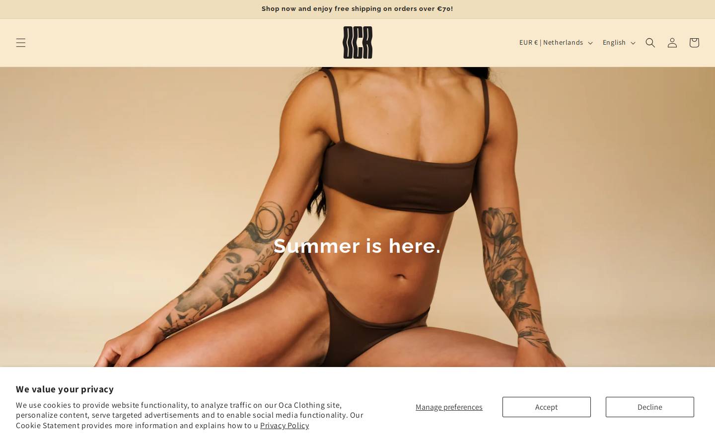 Oca Clothing homepage screenshot