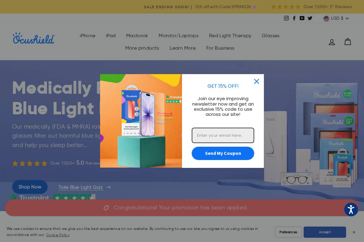 Ocushield homepage screenshot