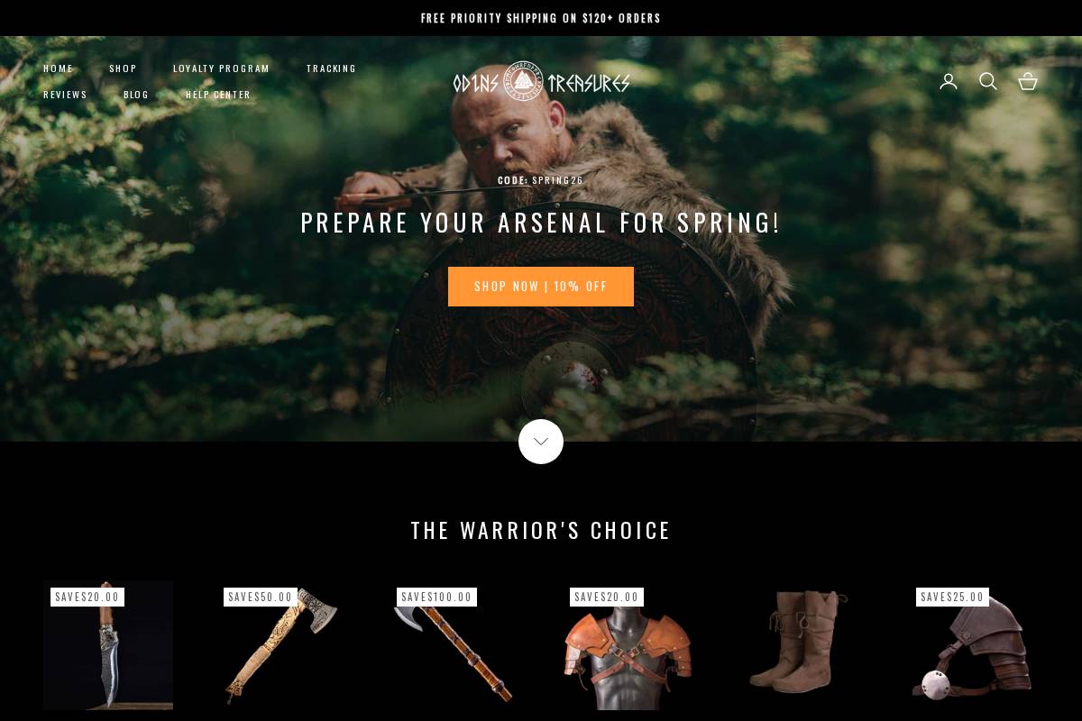 Odin's Treasures homepage screenshot