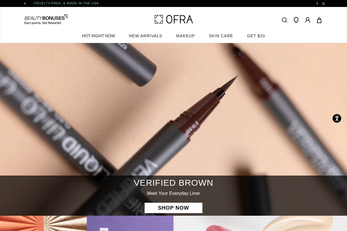 OFRA Cosmetics homepage screenshot