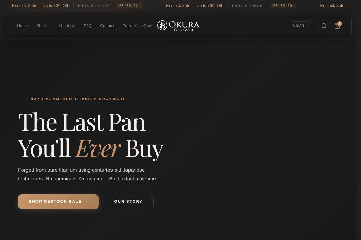 Okuracookware homepage screenshot