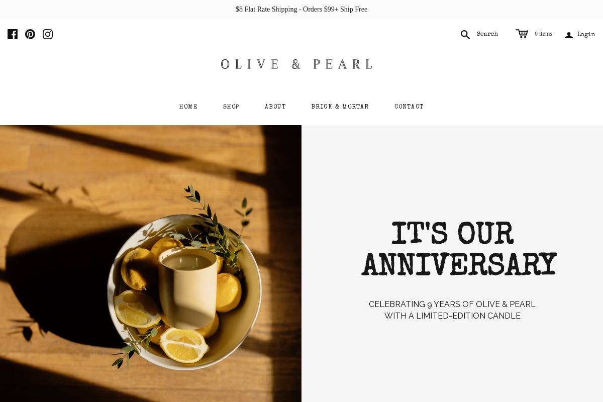 oliveandpearlcandles.com homepage screenshot