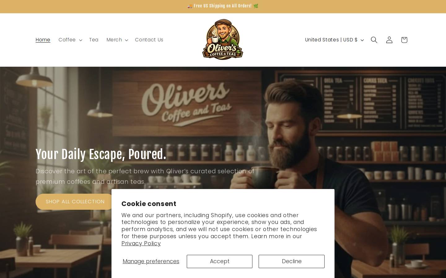 oliverscoffeeandteas.com homepage screenshot