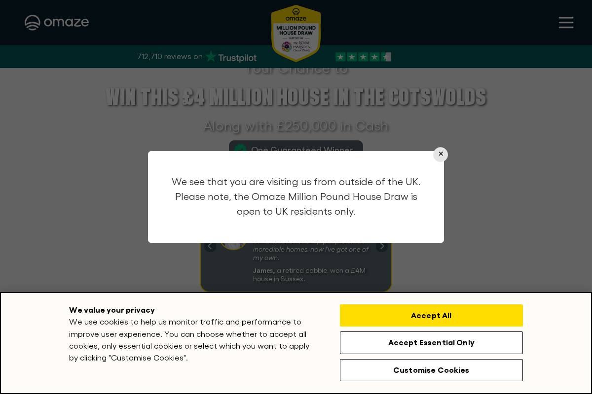 Omaze homepage screenshot