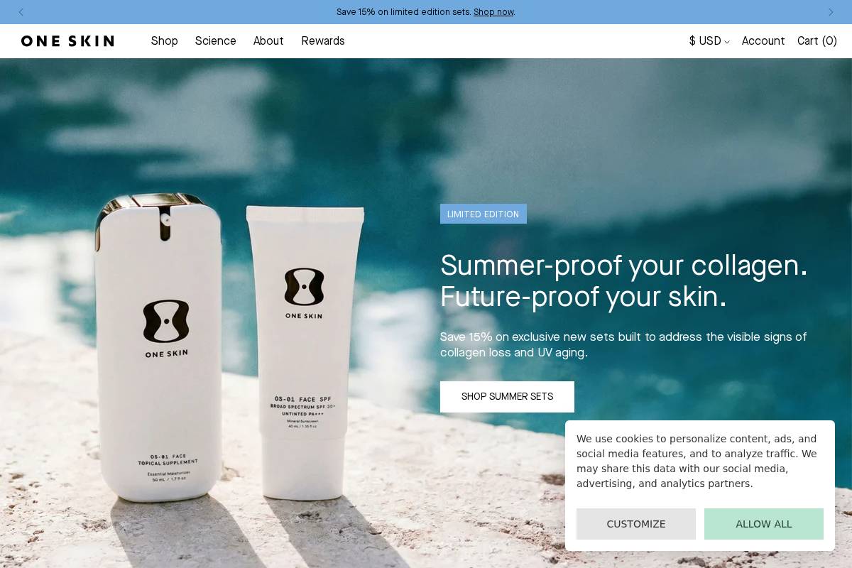 oneskin.co homepage screenshot
