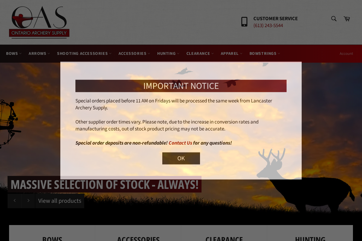 Ontario Archery Supply homepage screenshot