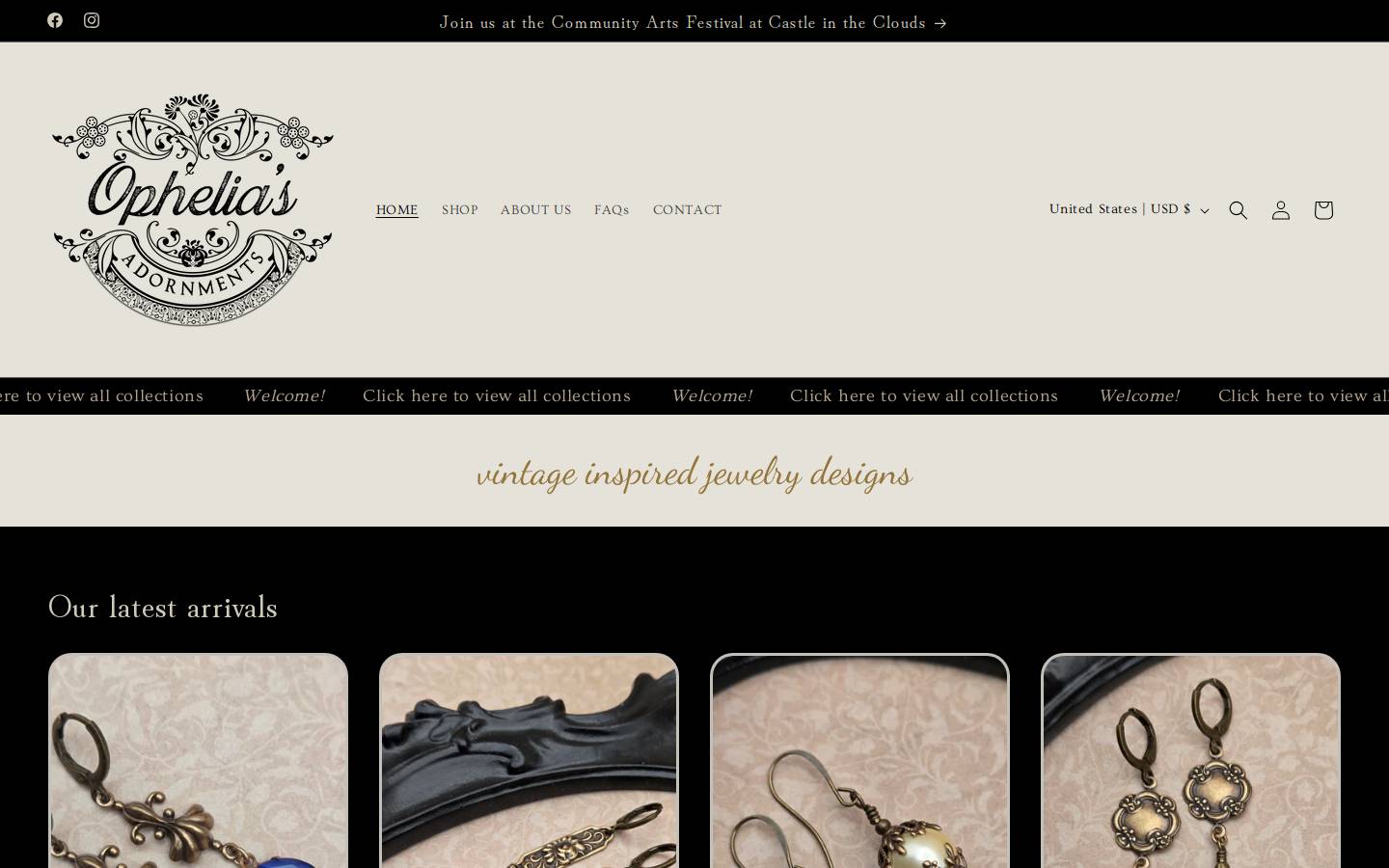 opheliasboutique.com homepage screenshot