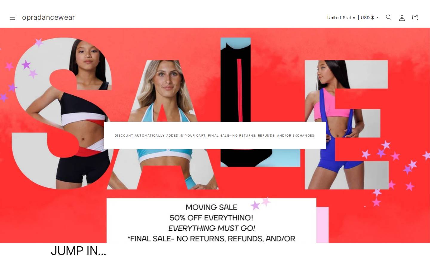 Opra Dancewear homepage screenshot