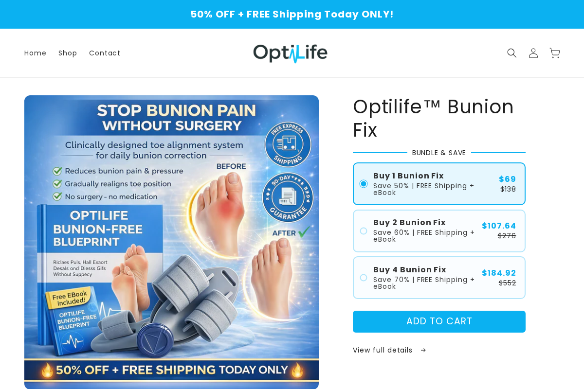 Optilife Bunion Fix homepage screenshot