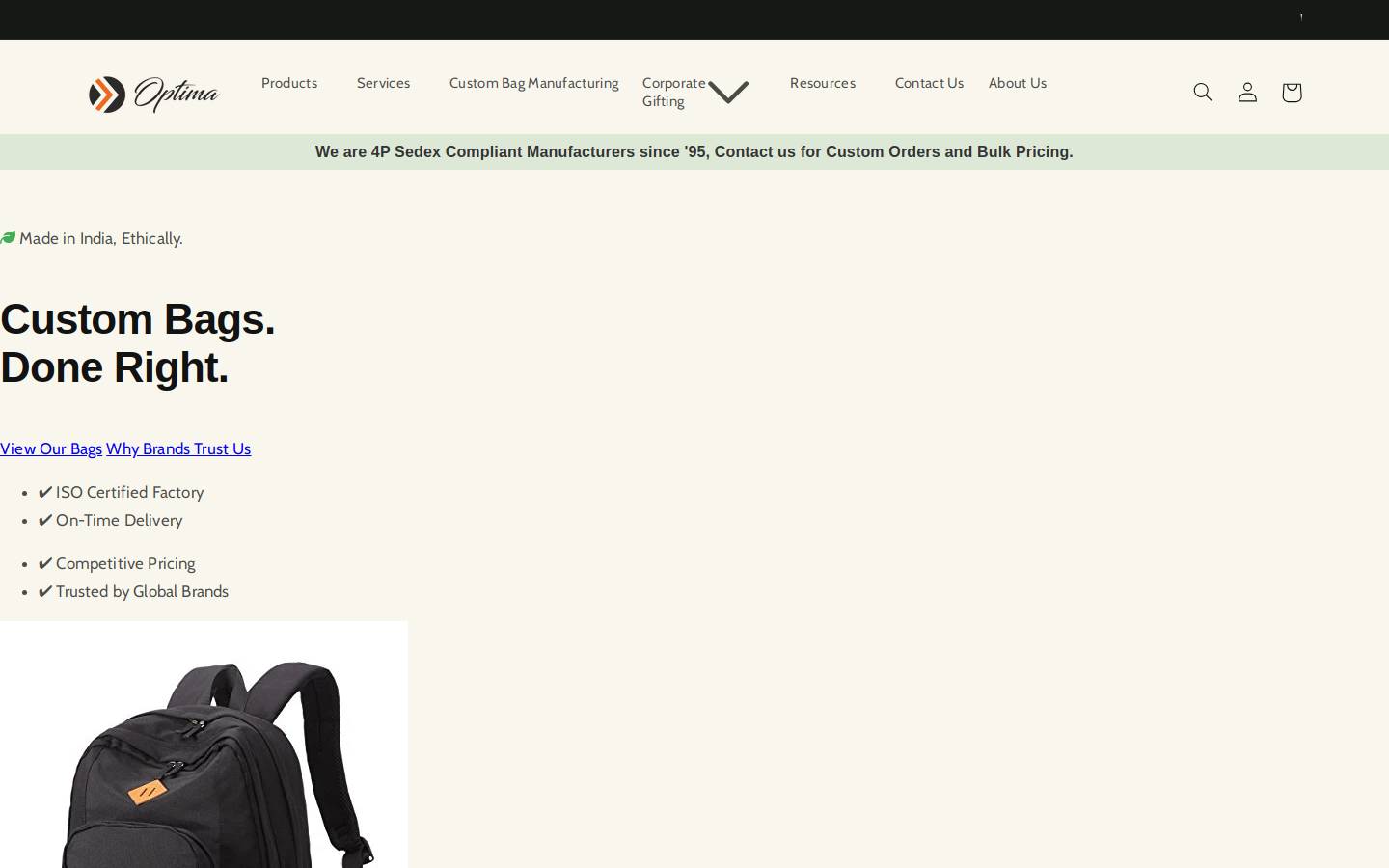 Optimabags homepage screenshot