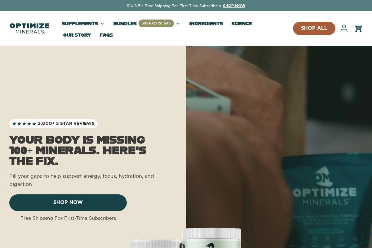 Optimizeminerals homepage screenshot