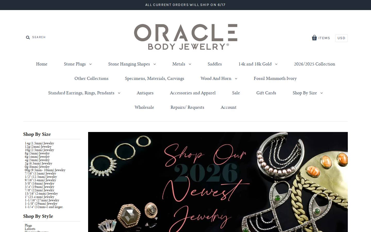oraclebodyjewelry.com homepage screenshot