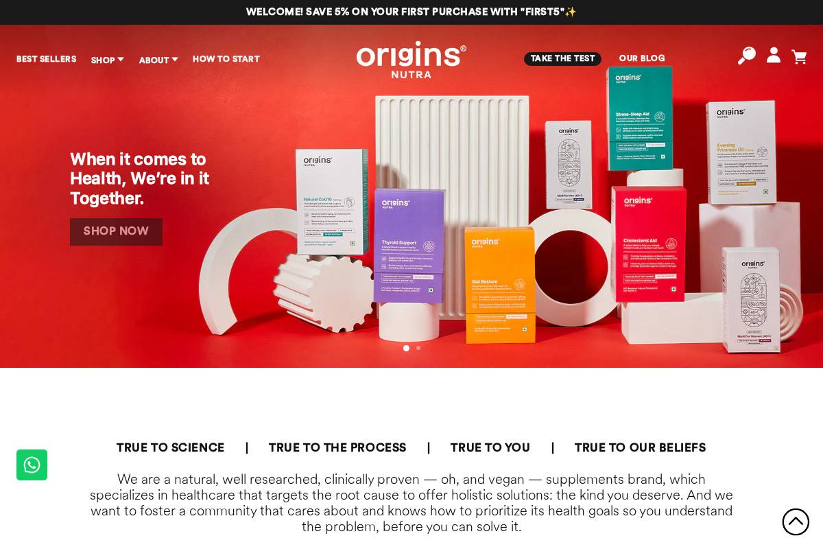 originsnutra.com homepage screenshot