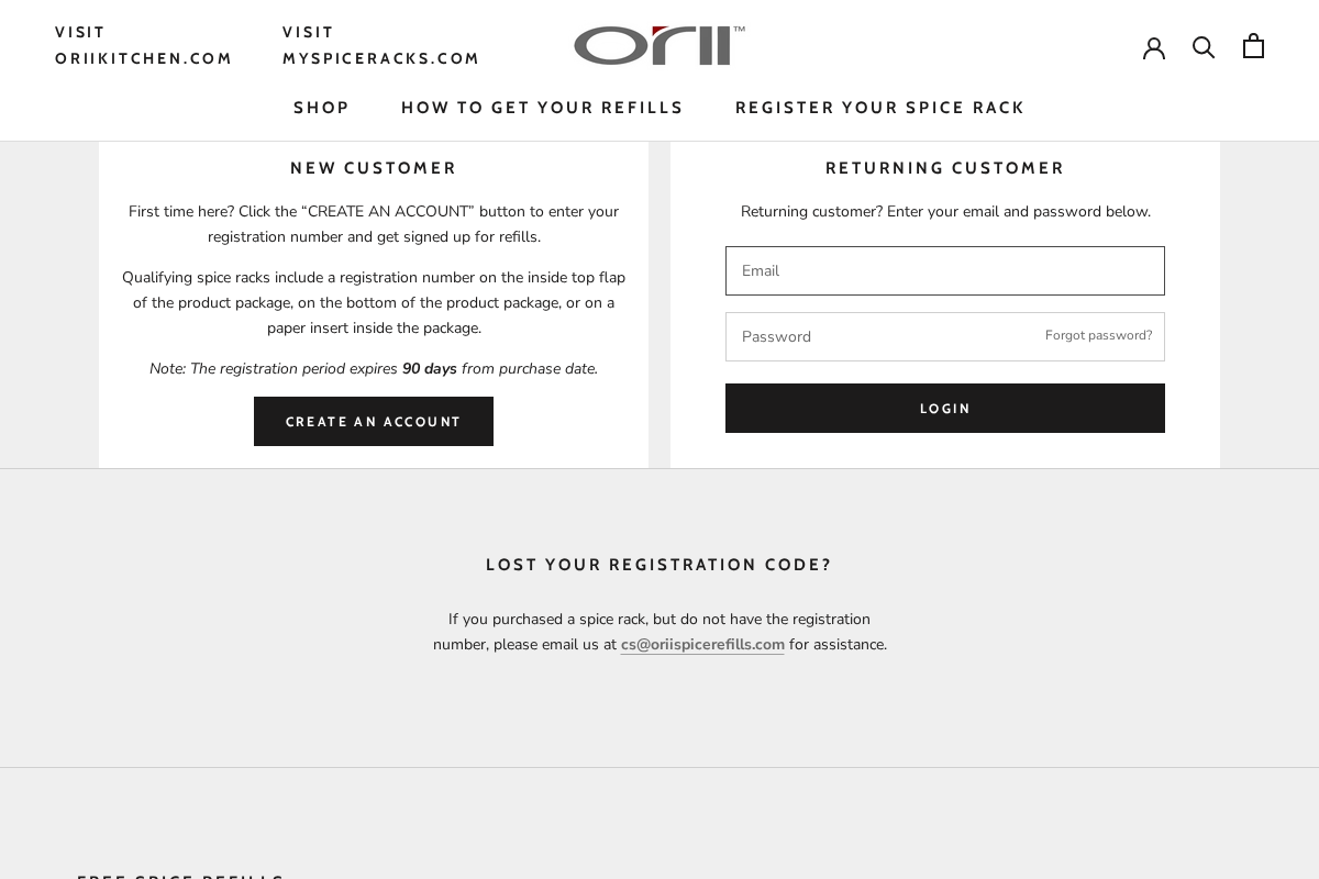 Orii Spice Refills homepage screenshot