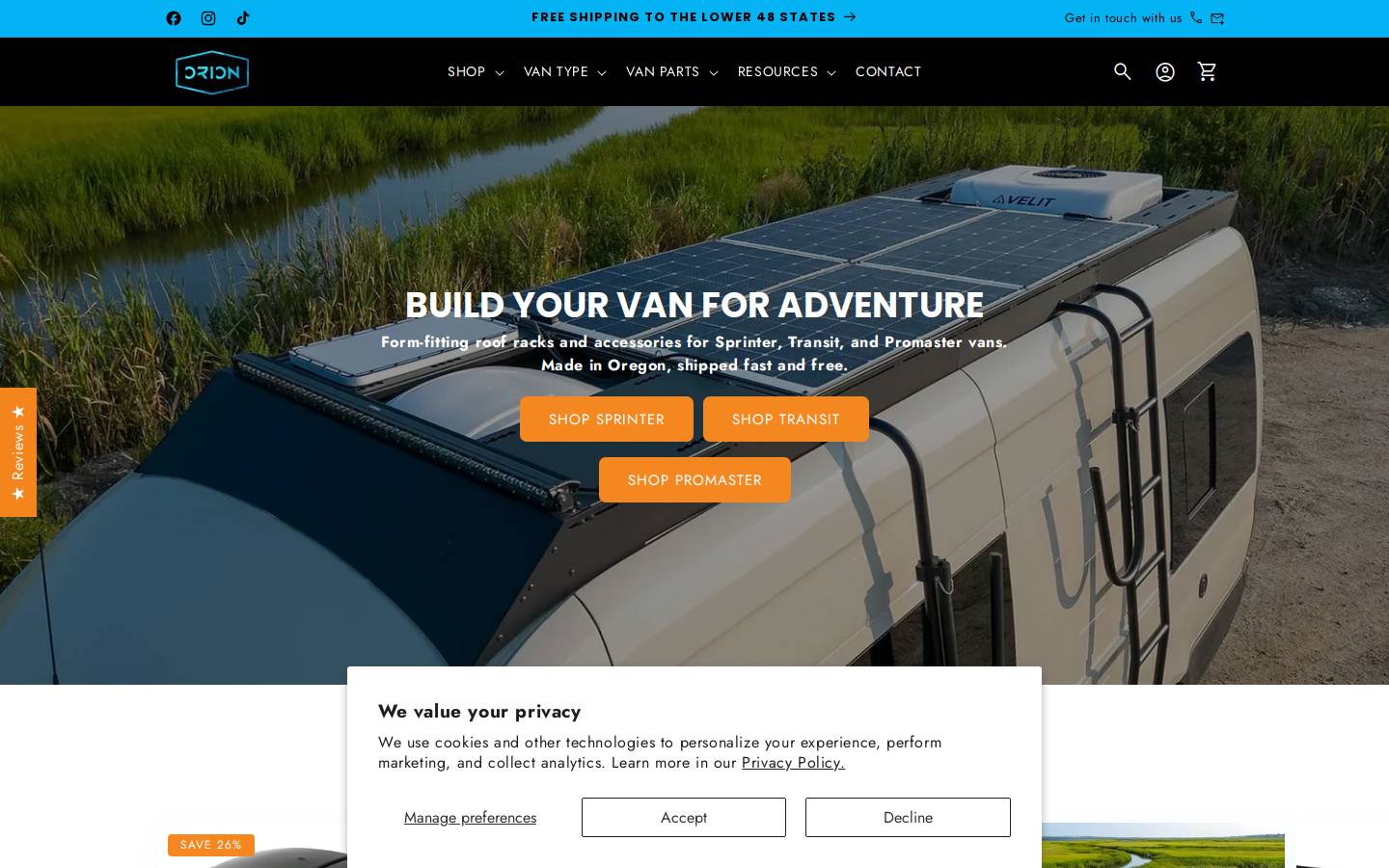 orionvangear.com homepage screenshot