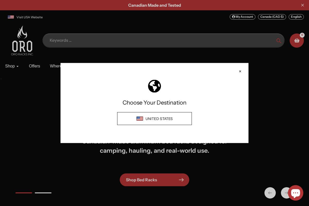 ORO Racks Inc. homepage screenshot