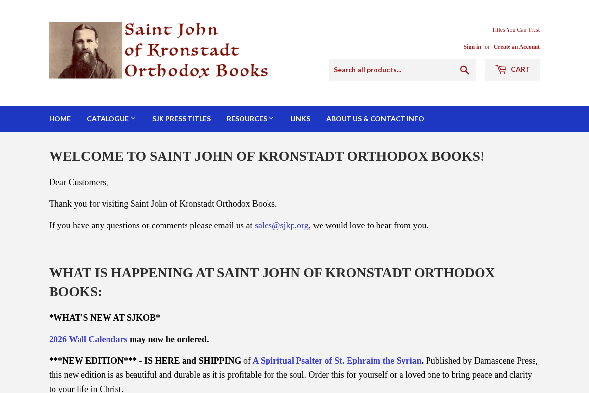 Saint John of Kronstadt Orthodox Books homepage screenshot