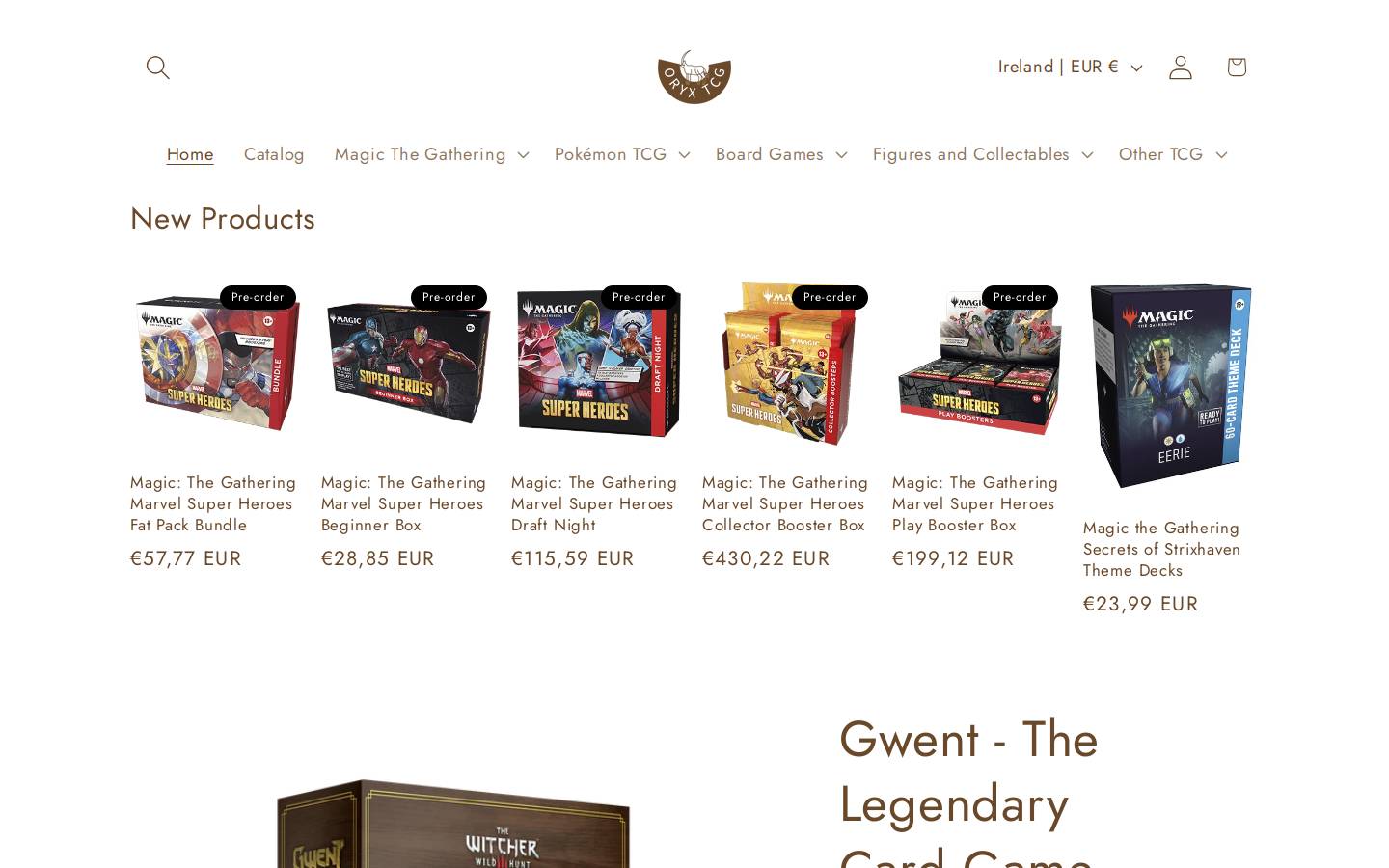 Oryx TCG homepage screenshot
