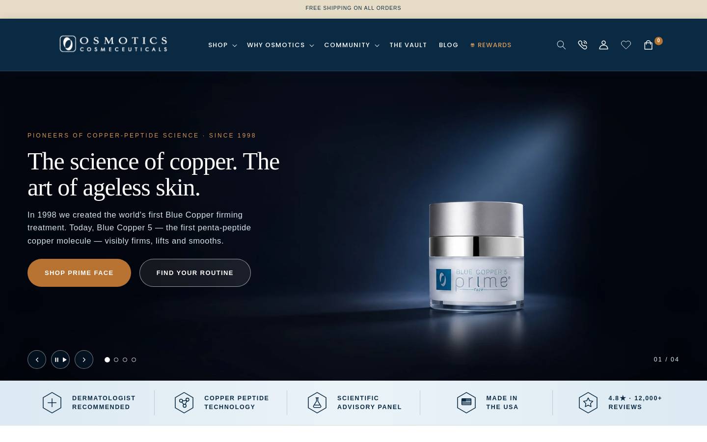 Osmotics Skincare homepage screenshot