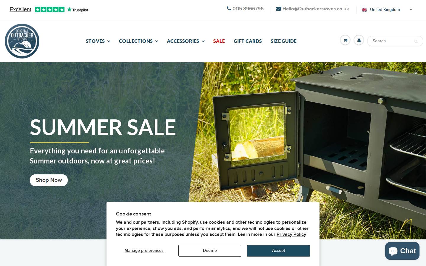 outbackerstoves.com homepage screenshot