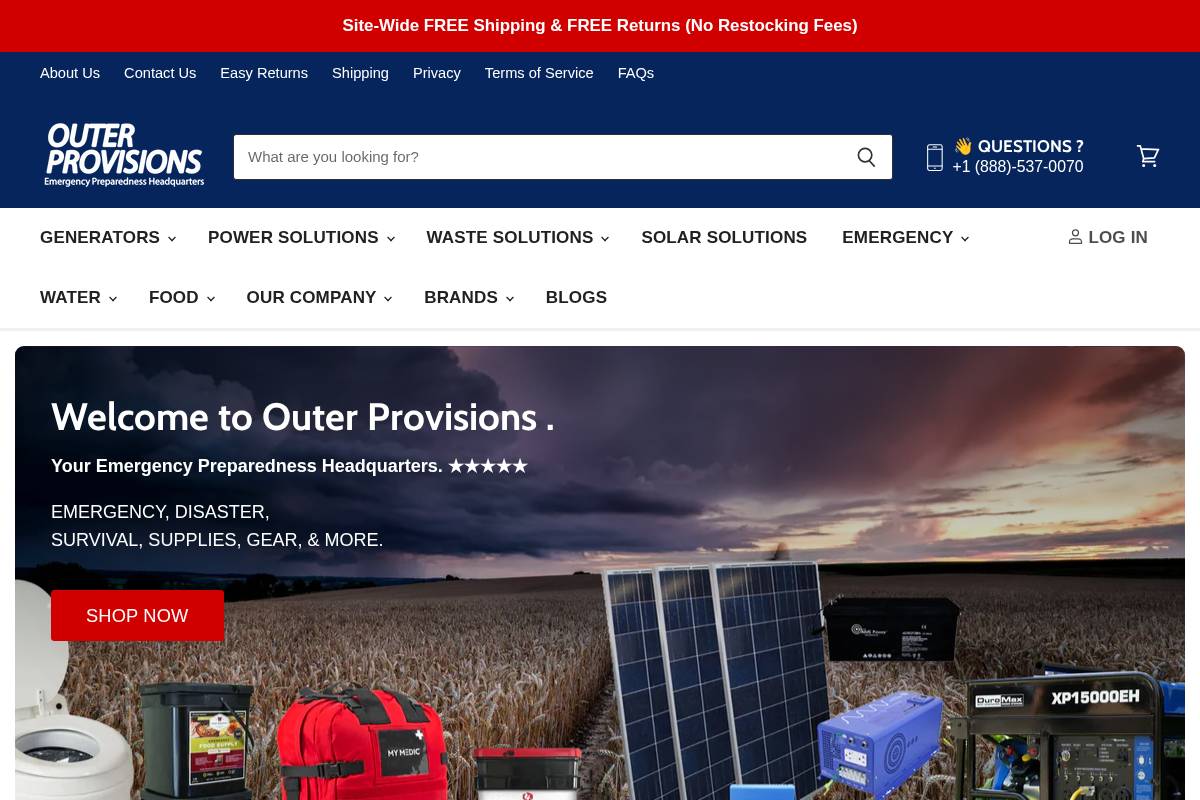 Outer Provisions homepage screenshot