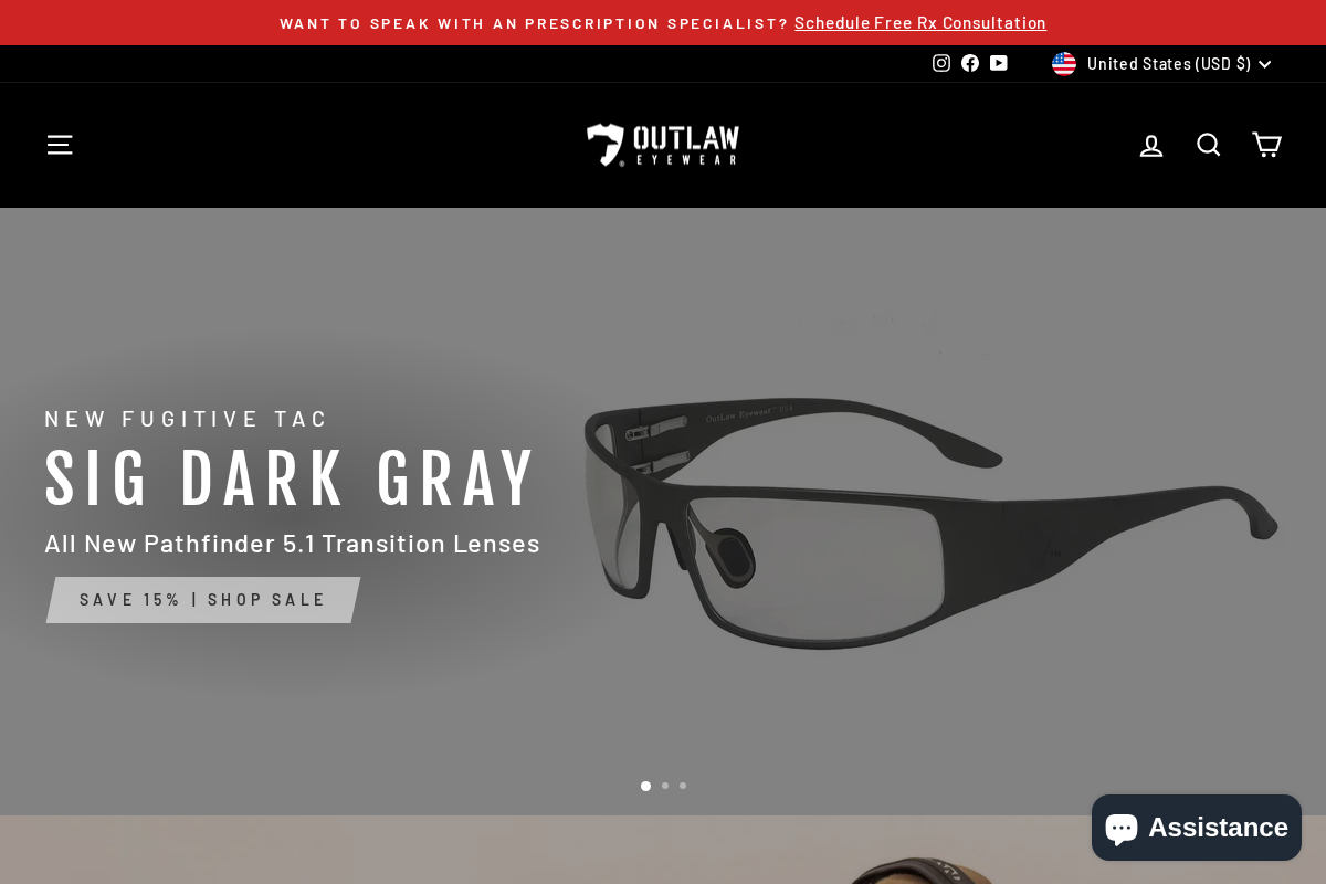 Outlaw Eyewear homepage screenshot