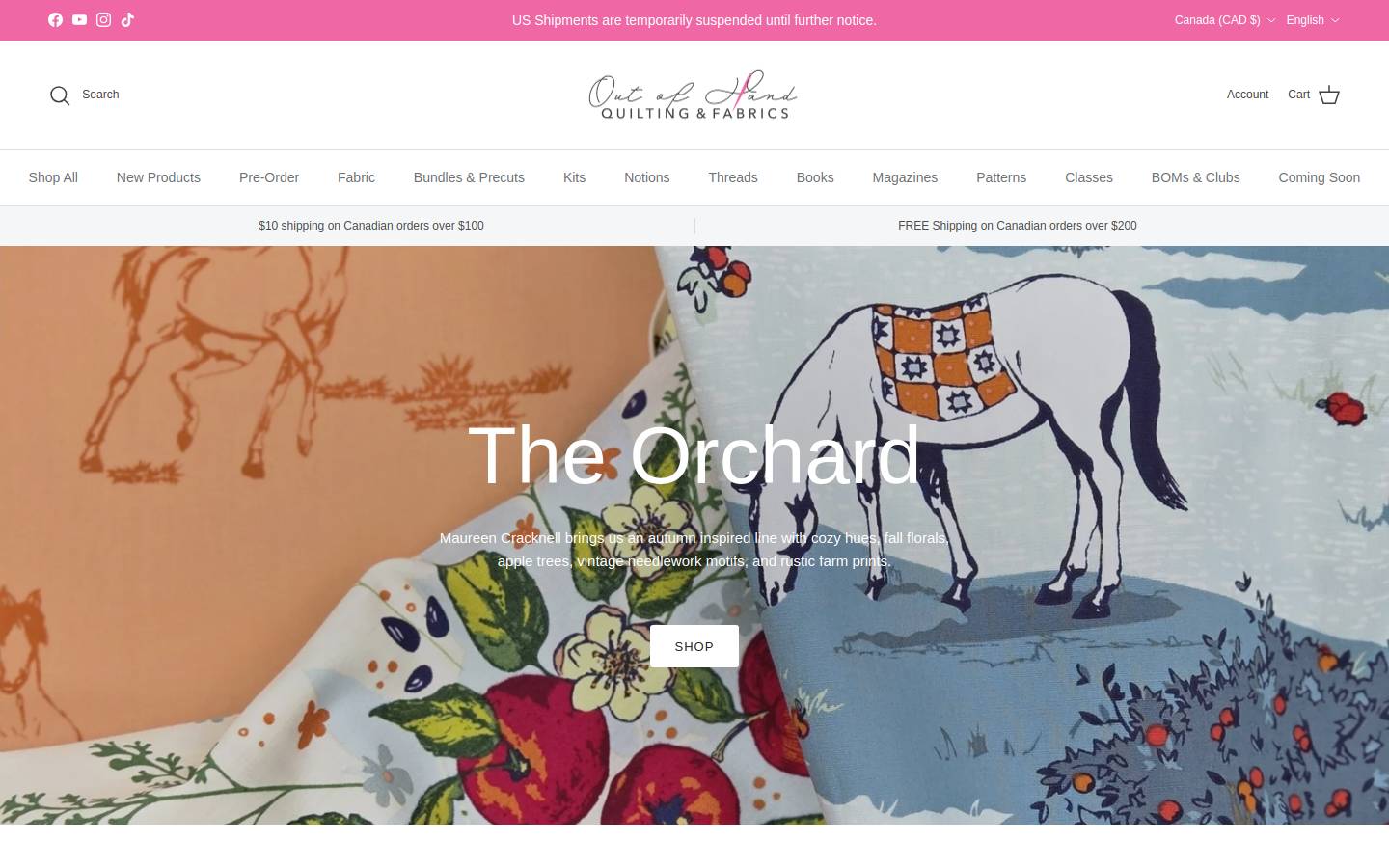 outofhandquilting.com homepage screenshot