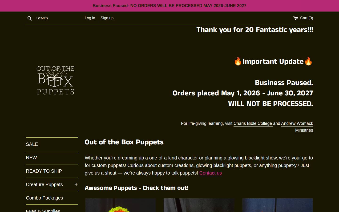 outoftheboxpuppets.com homepage screenshot