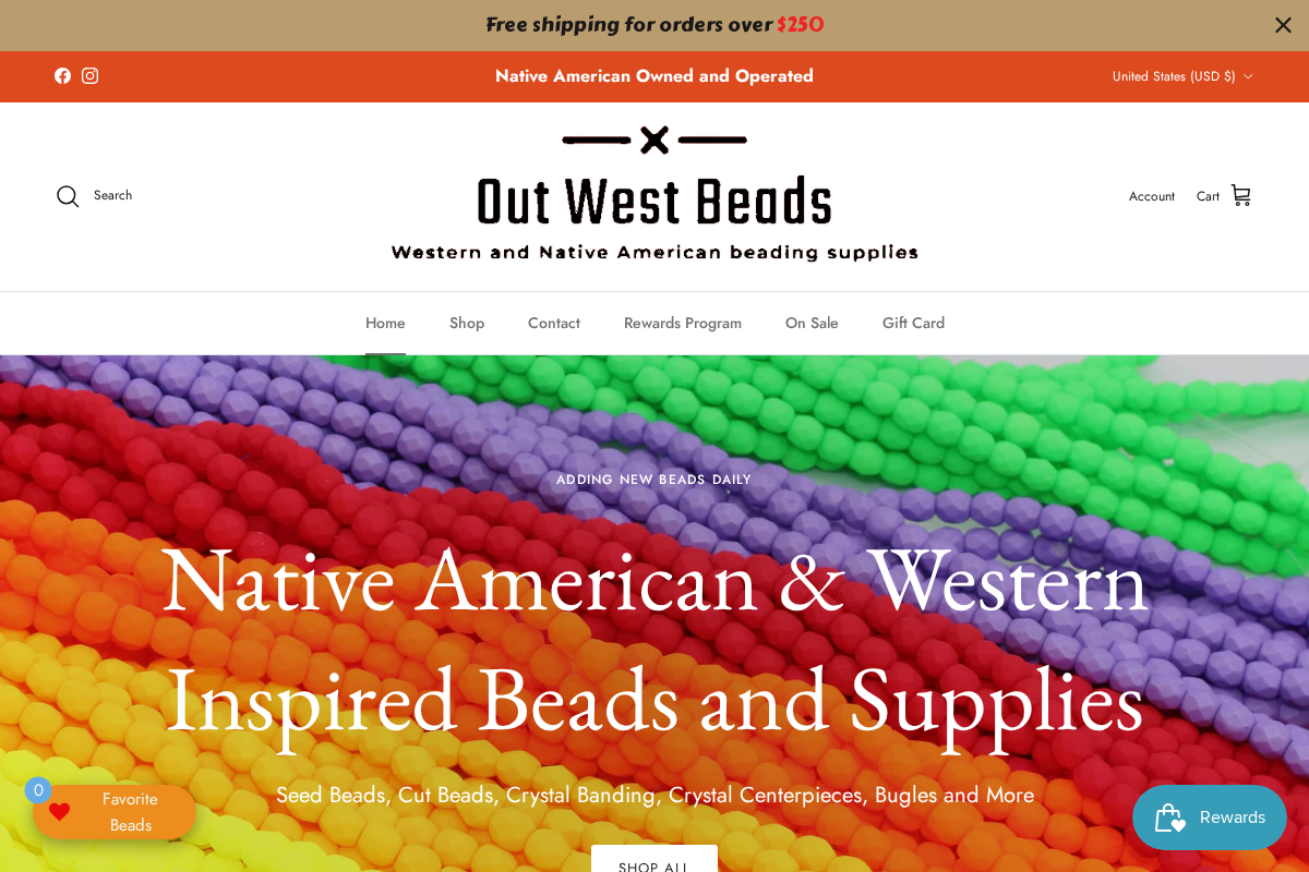 Out West Beads homepage screenshot