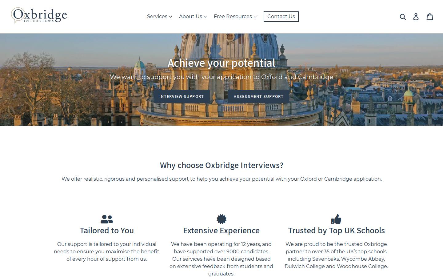Oxbridge Interviews homepage screenshot
