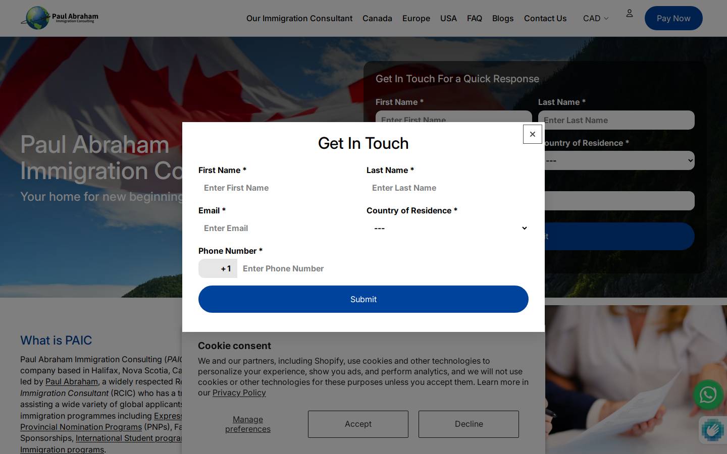 Paul Abraham Immigration Consulting (PAIC) homepage screenshot
