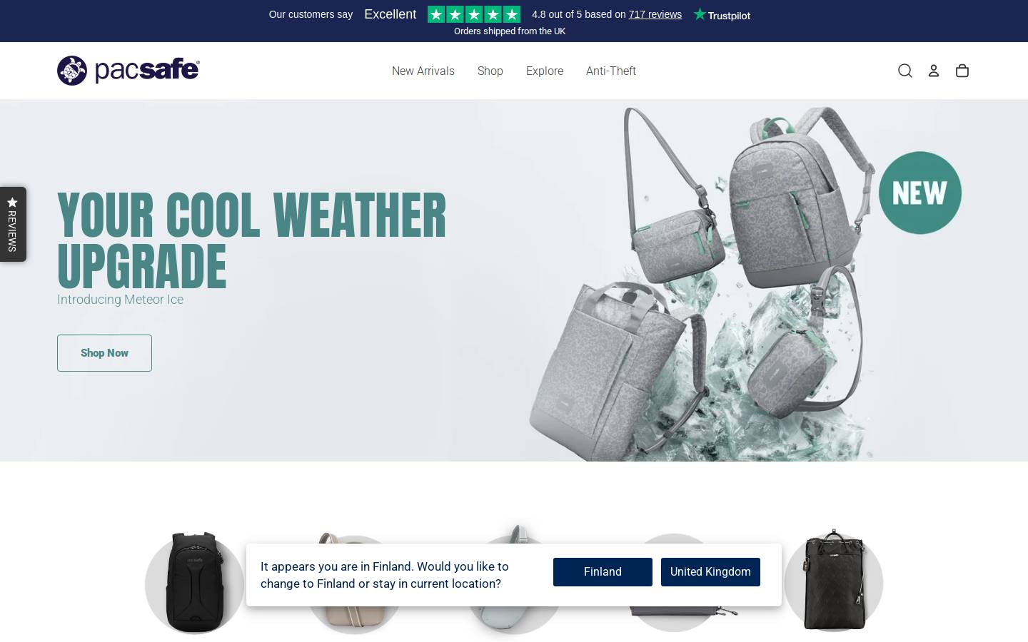 Pacsafe UK homepage screenshot