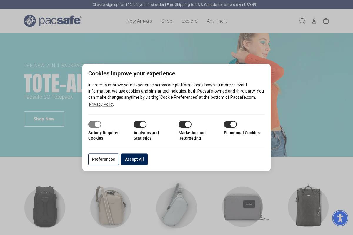 Pacsafe homepage screenshot
