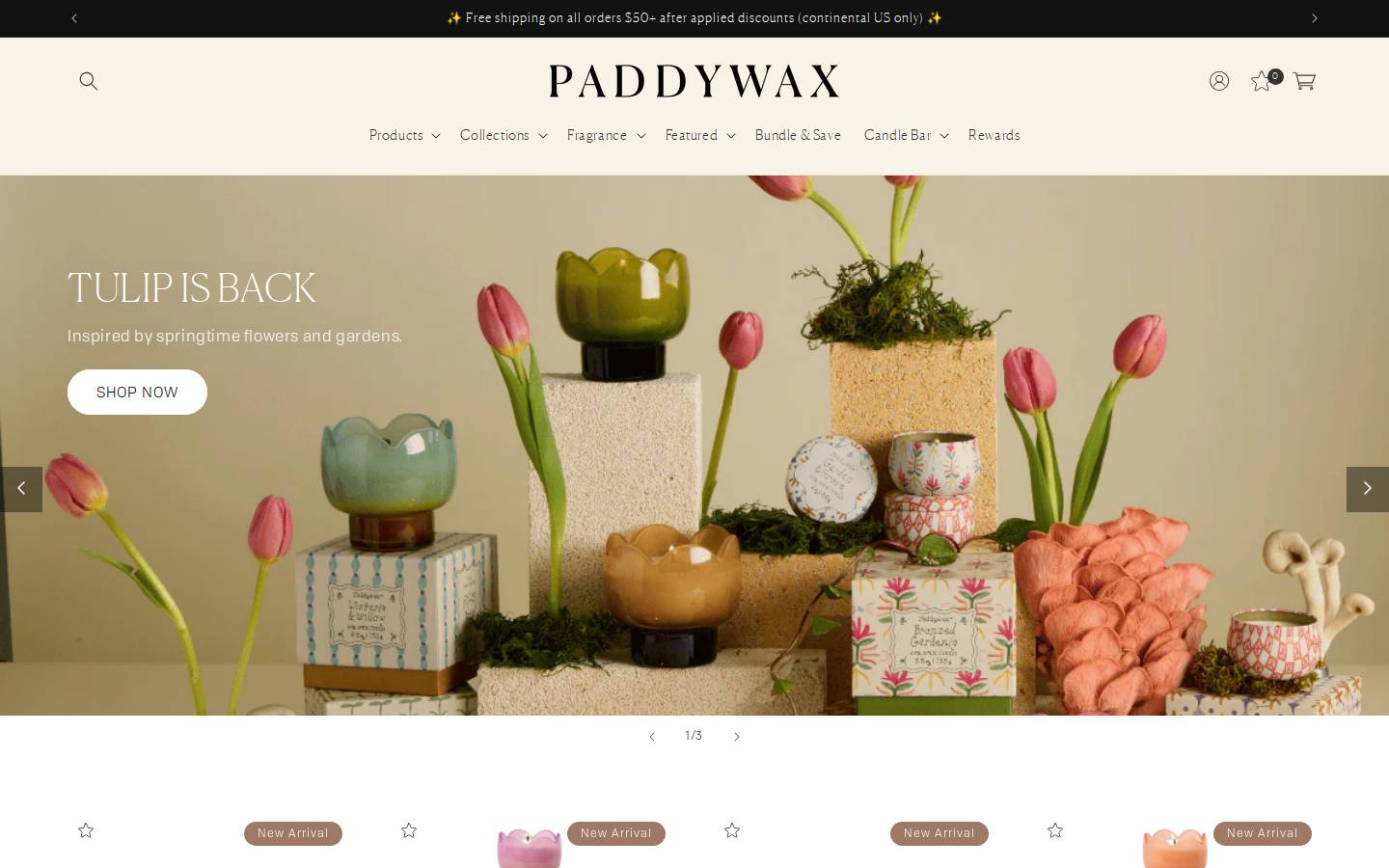 Paddywax Candle Company homepage screenshot