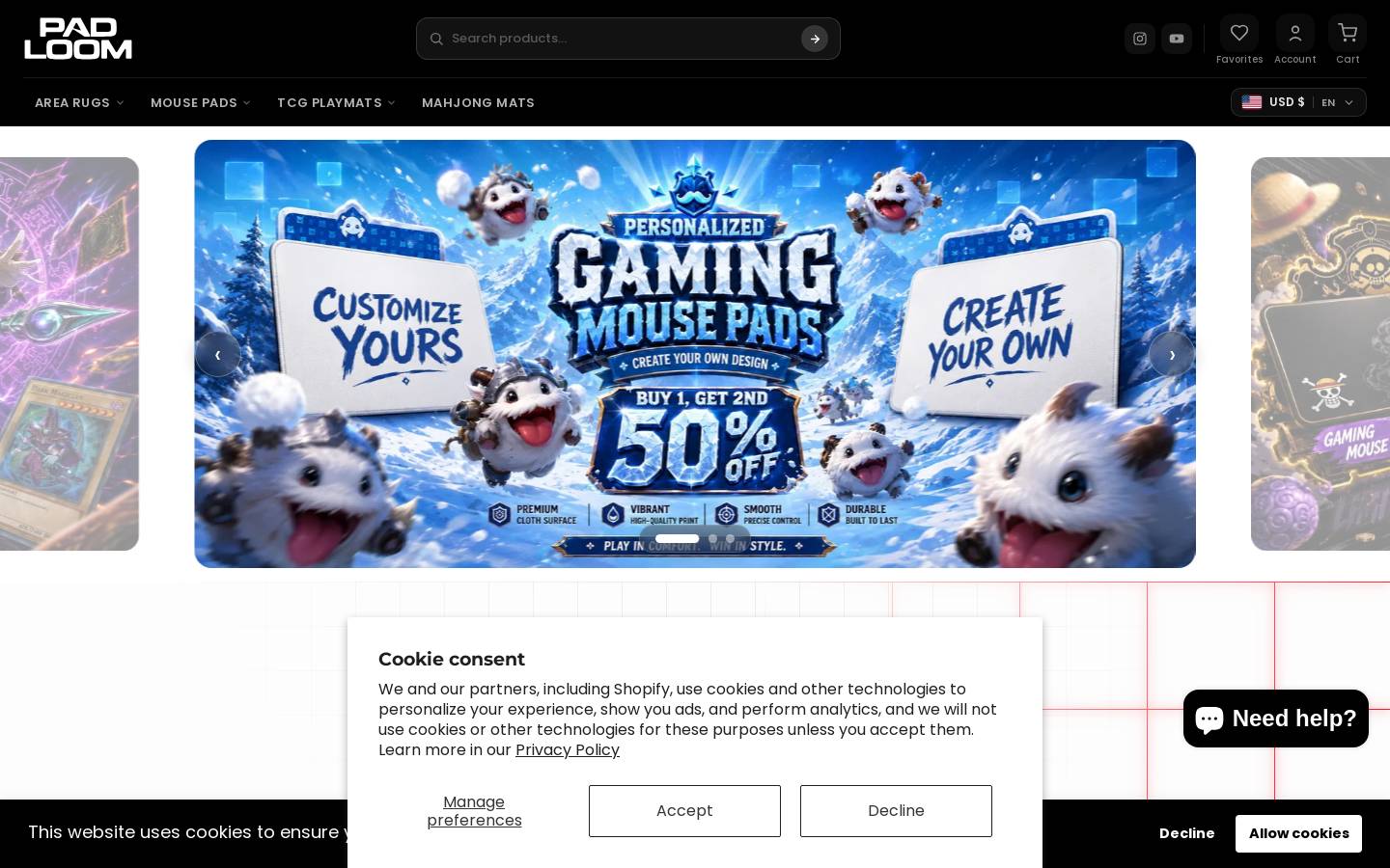 Padloom - Custom & Gaming Mouse Pad homepage screenshot