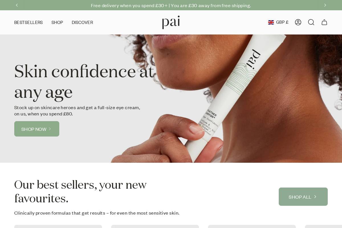 Pai Skincare homepage screenshot