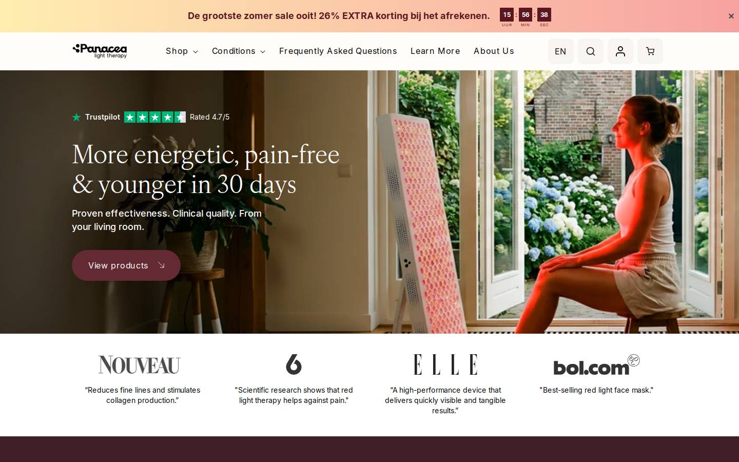 Panacea Light Therapy homepage screenshot