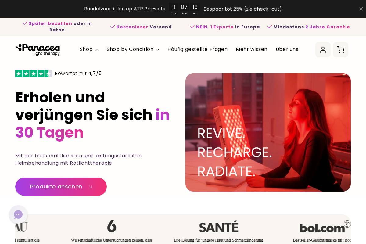 Panacea Light Therapy homepage screenshot