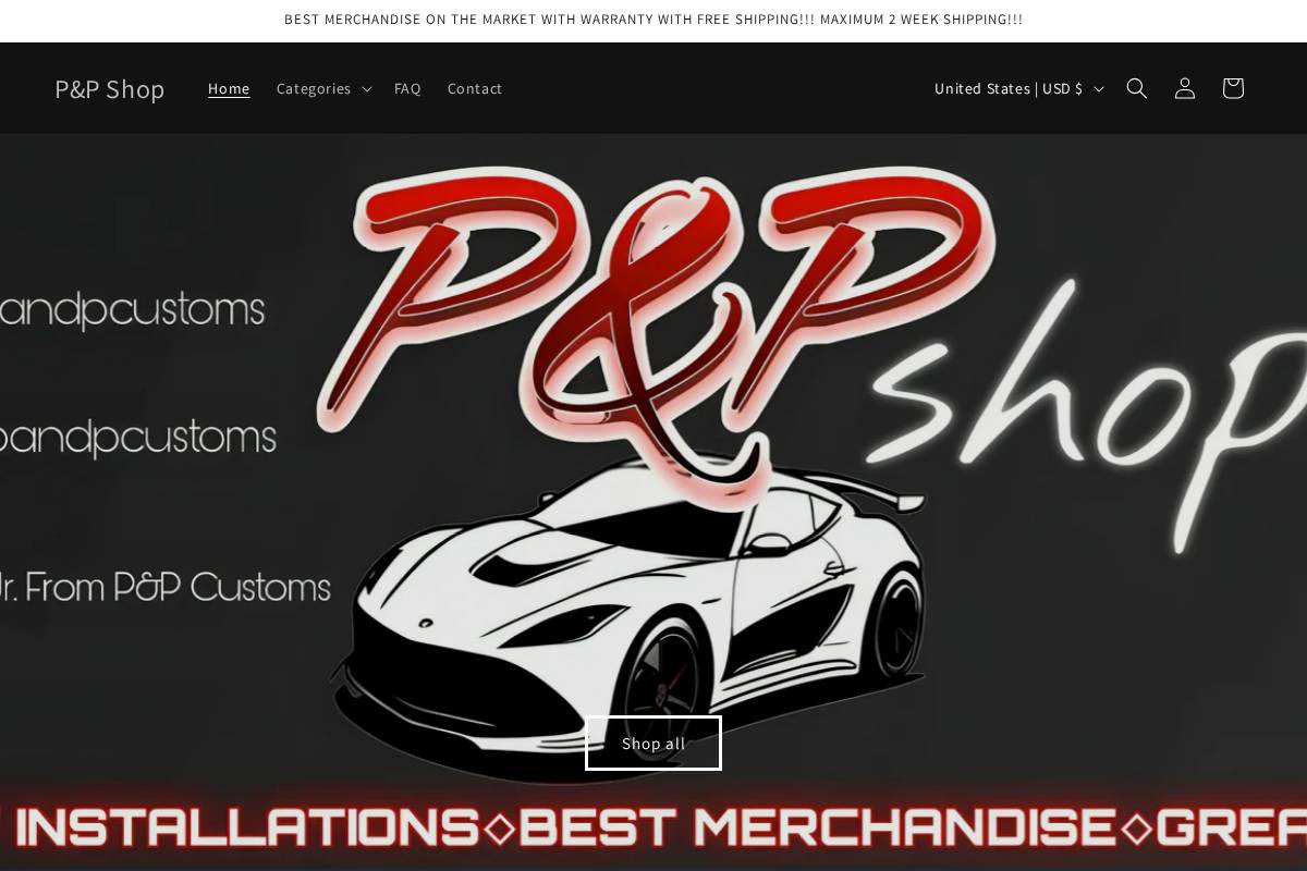 pandpcustomsshop.com homepage screenshot