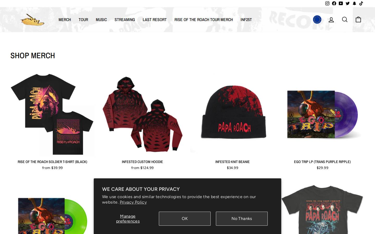 paparoachmerch.com homepage screenshot