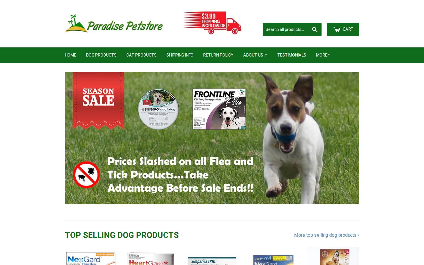 paradise-petstore.com homepage screenshot