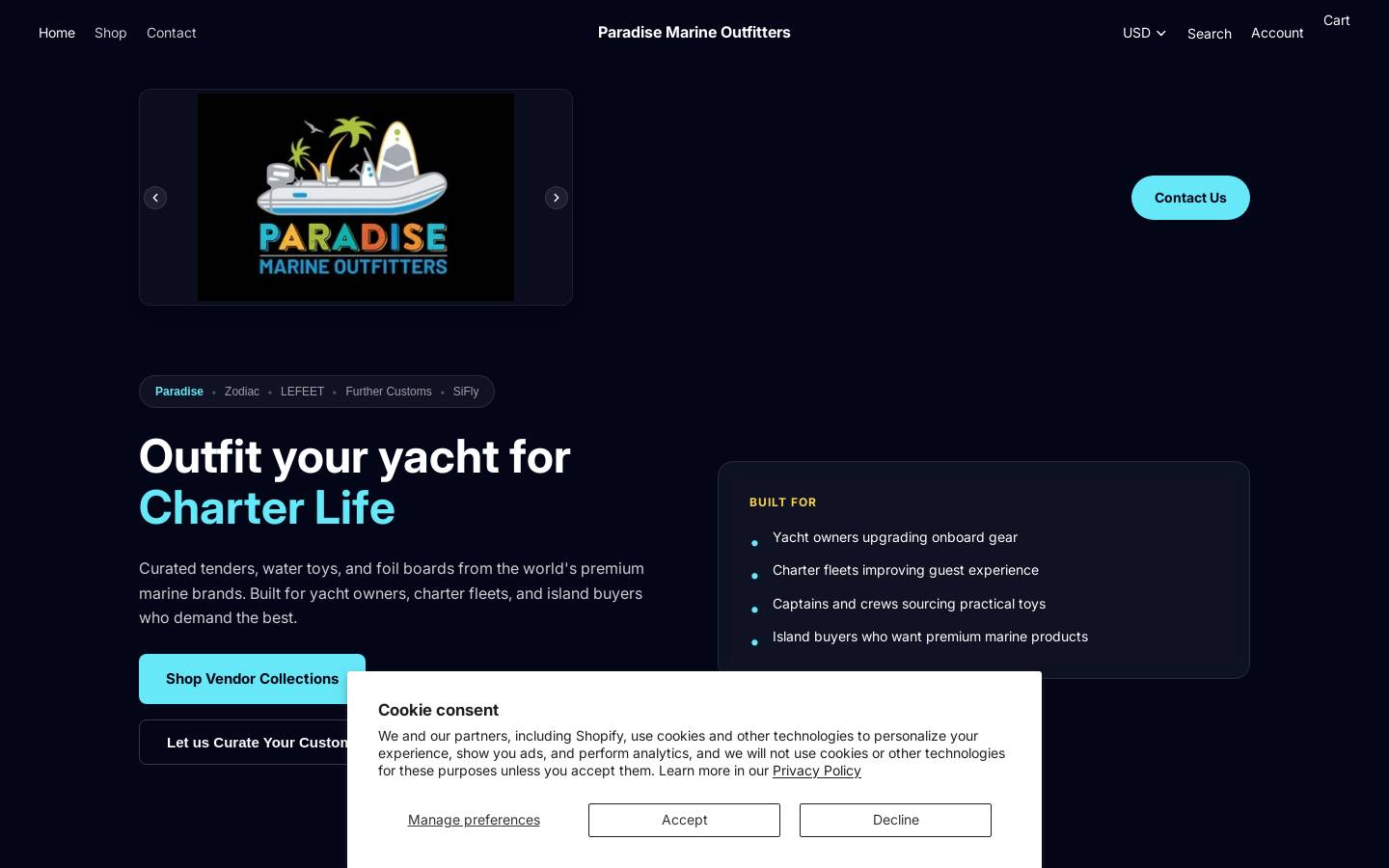 paradisemarineoutfitters.com homepage screenshot