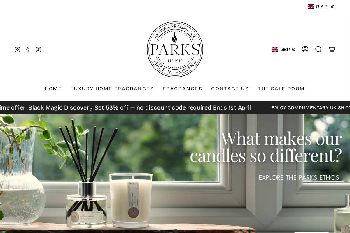 Parks Candles homepage screenshot