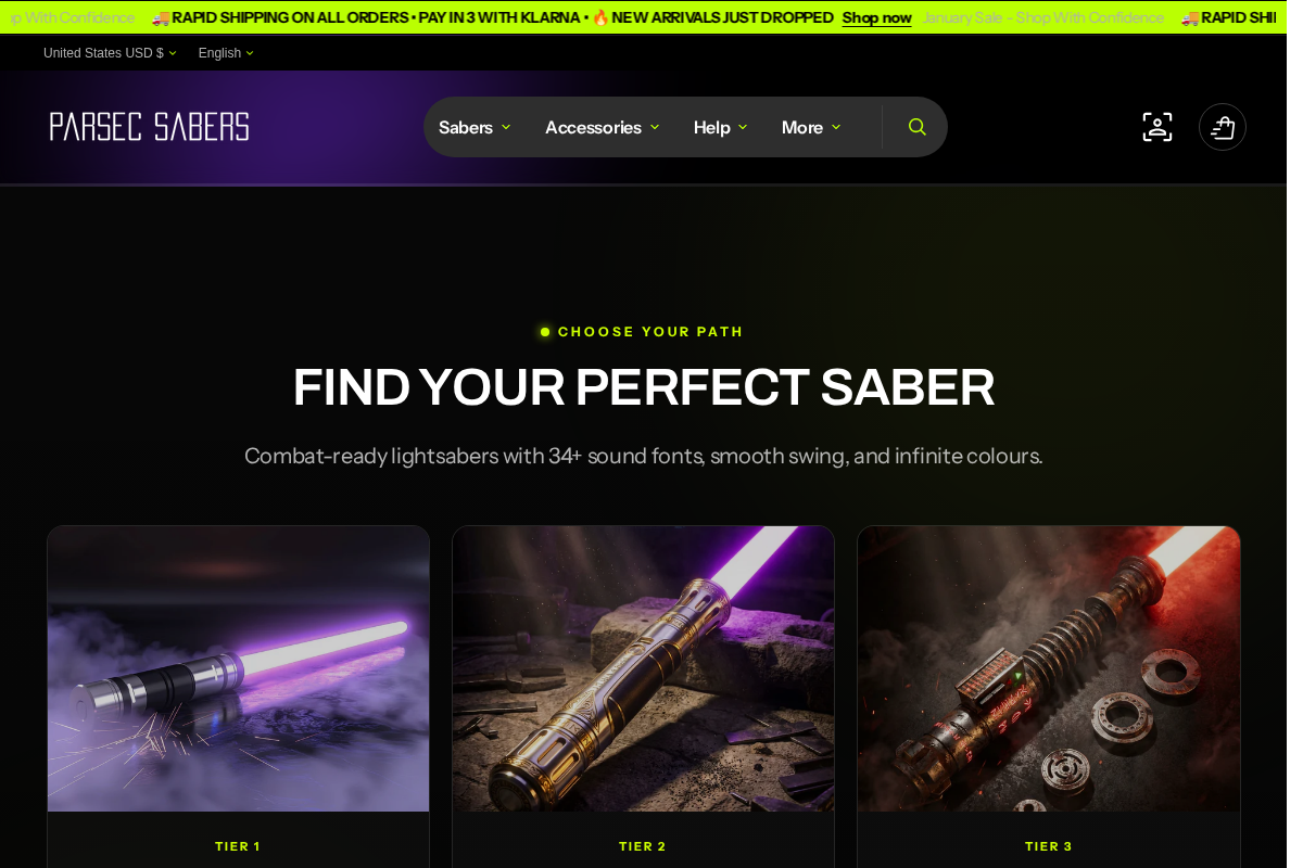 Parsec Sabers homepage screenshot