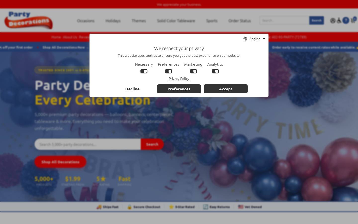 partydecorations.com homepage screenshot
