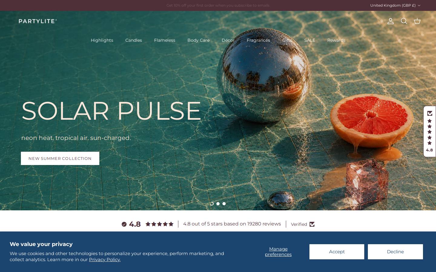 PartyLite homepage screenshot